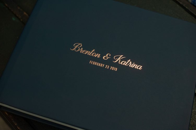 Horizontal Wedding Album in Navy Blue Leather with Rose Gold Embossing