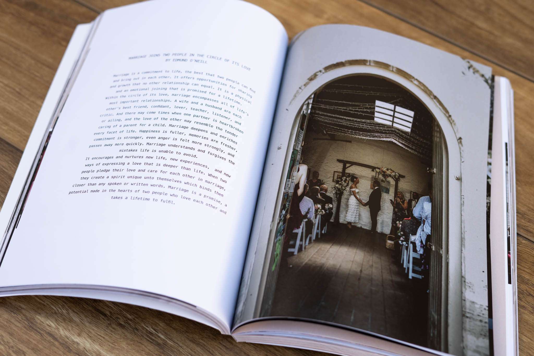 Wedding magazine design includes page layout of the happy couple sharing their wedding vows with the vows written in words as a reminder of what the couples vows were to each other