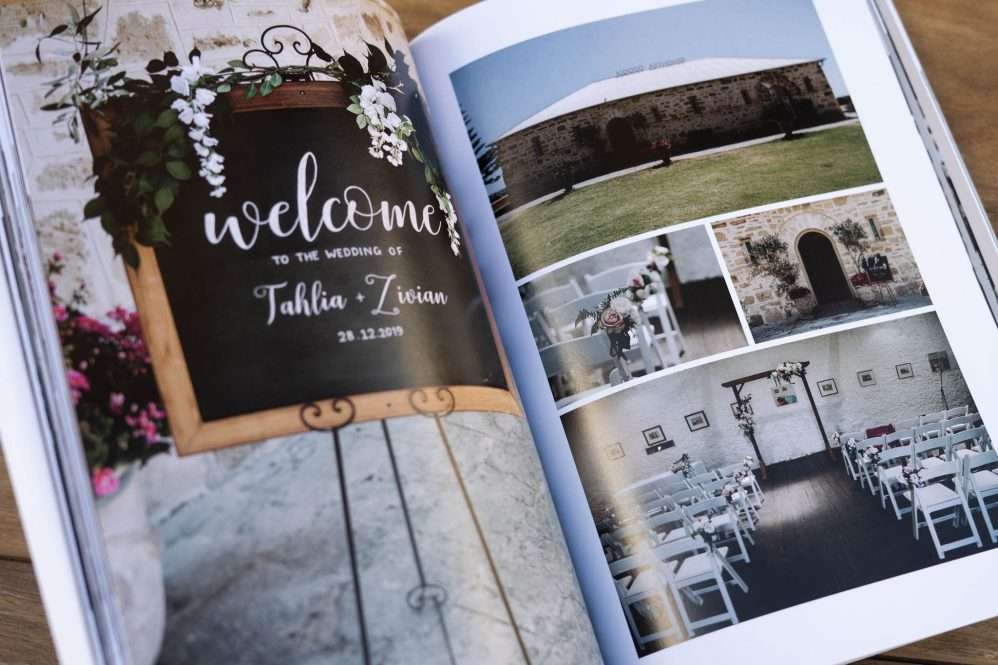 Wedding magazine design includes page layout of the wedding ceremony and reception details