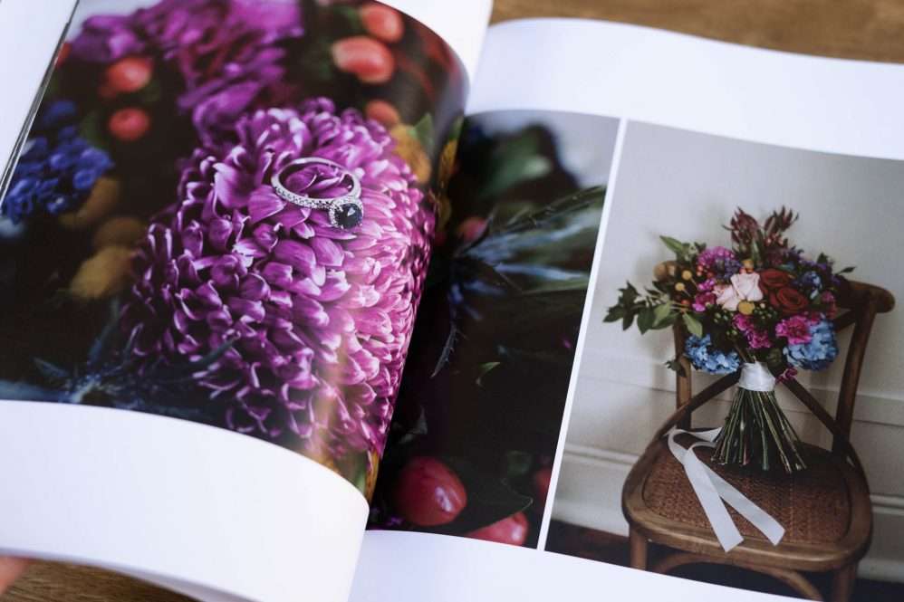 Wedding magazine design includes page layout of brides details including a beautiful bouquet and engagement ring