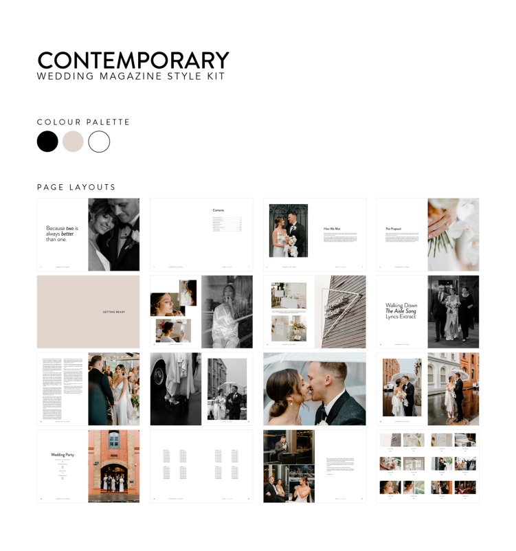 Contemporary wedding magazine design turning your wedding photos into a modern fashion magazine. Designer style kits for a unique coffee table magazine of your own.